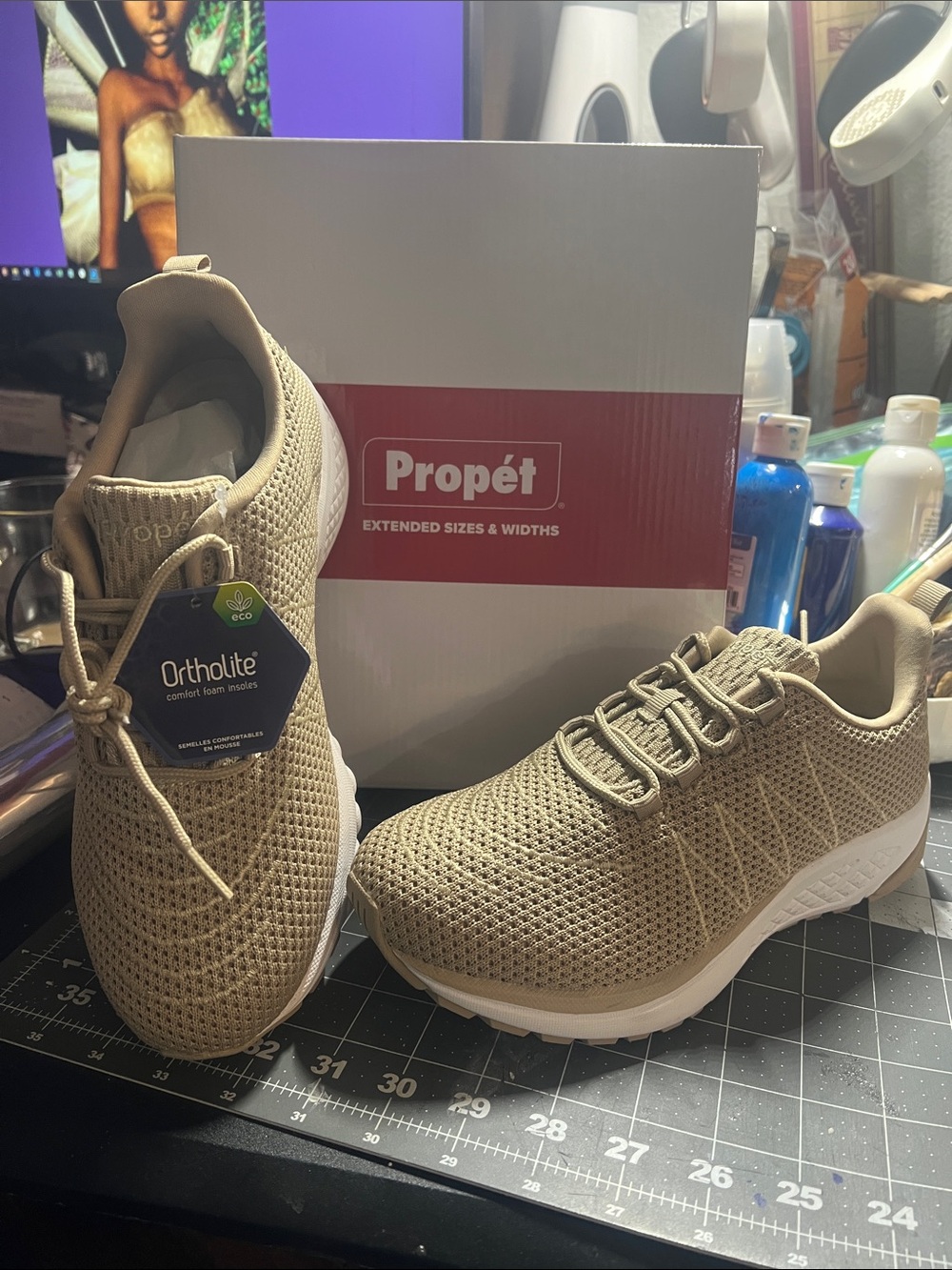 Propet Women’s Tan Knit Walking Sneakers with Ortholite